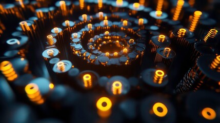 Aufkleber - Abstract 3D rendering of a swirling, glowing, dark metallic structure with orange highlights.