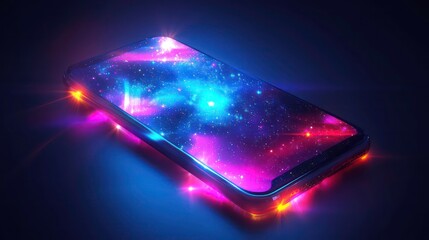 Poster - Futuristic smartphone displaying a vibrant nebula on its screen, illuminated by colorful lights.
