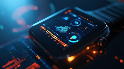 Aufkleber - Futuristic smartwatch displaying data analytics on a dark background.