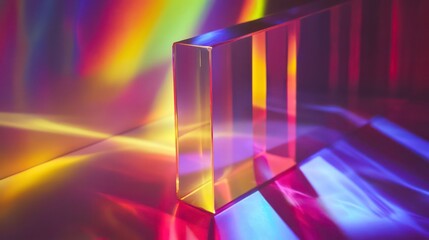Poster - Vibrant rainbow light refracting through a clear glass prism, casting colorful reflections.