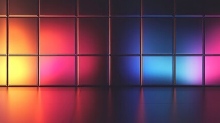 Poster - Abstract colorful grid pattern with vibrant neon lights reflecting on a glossy floor.