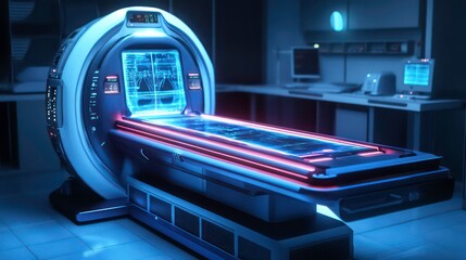 Poster - Futuristic medical scanner with glowing surface and digital display in a modern clinic room.