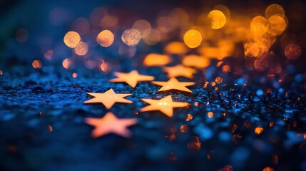 Poster - Festive golden stars scattered on dark blue glitter background with bokeh lights.