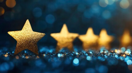 Poster - Three gold stars on a shimmering blue background, suggesting achievement, success, or excellence.