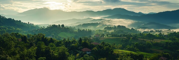 Wall Mural - A breathtaking view of green hills enveloped in morning mist.