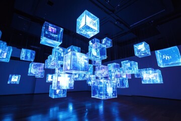 Aufkleber - Floating cubes display abstract content illuminating the gallery space with vibrant colors and dynamic shapes. Generative AI