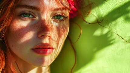 Wall Mural - Redhead woman freckles sunlight green background