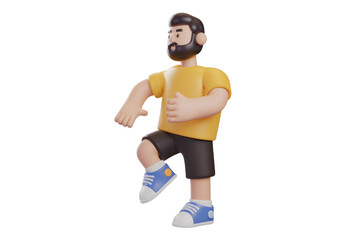 Poster - A 3D-rendered cartoon man with a beard, wearing a yellow shirt and blue shoes, is walking. background removed