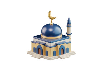 Aufkleber - A 3D model of a mosque, featuring a blue dome, golden crescent moon, and beige walls. background removed