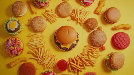 Aufkleber - Overhead shot of various burgers, fries, and dipping sauce arranged in a circle on a yellow background.
