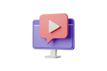 Leinwandbilder - 3D render of a computer screen with a play button in a speech bubble, symbolizing online video content. background removed