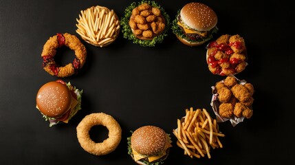 Poster - Top view of various fast food items arranged in a circle on a black background, leaving a blank space in the center.