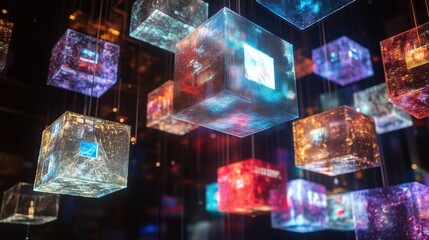 Leinwandbilder - Floating cubes display abstract text, images, and multimedia symbols in a modern art installation. Generative AI