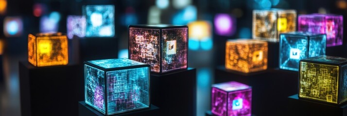 Aufkleber - Floating cubes with abstract symbols create a vibrant display in an artistic installation showcasing technology and creativity. Generative AI