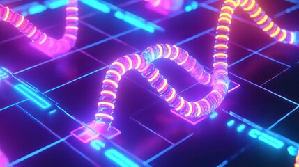 Poster - Abstract neon pink and blue glowing lines forming wavy patterns on a dark grid background.