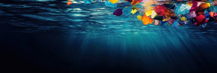 Poster - Brightly colored plastic waste floats on the surface of a deep blue ocean, highlighting environmental issues. Generative AI