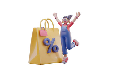 Poster - Excited cartoon girl jumps for joy next to a large yellow shopping bag with a percentage sign, signifying a sale or discount. background removed