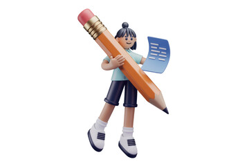 Poster - A 3D cartoon girl happily carries a giant pencil and a paper, symbolizing education and writing. background removed
