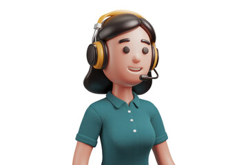 Poster - A 3D-rendered cartoon woman with black hair, wearing teal polo shirt and headset, smiling. background removed
