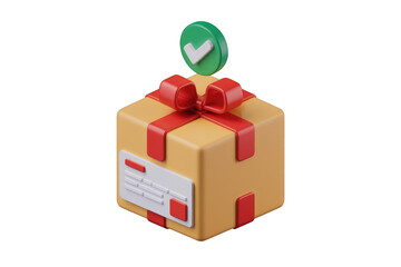 Poster - A 3D render of a gift-wrapped package with a checkmark, symbolizing successful delivery. background removed