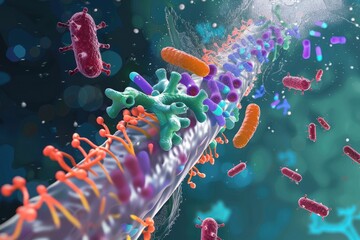 Poster - Microscopic view of various bacteria interacting in a fluid environment showcasing cellular diversity and biological processes