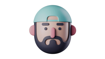 Fototapete - 3D rendered cartoon man with beard wearing a cap, expressing a neutral or slightly unhappy emotion. background removed