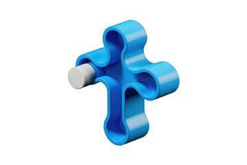 Aufkleber - Abstract 3D render of a blue puzzle piece with a white cylinder,  representing connection or problem-solving. background removed
