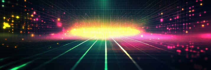 Poster - Glowing abstract mosaic art with pixelated elements creating a vibrant futuristic landscape. Generative AI