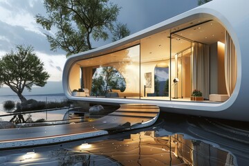 Poster - Futuristic workspace showcasing a sleek designed workstation with advanced technology in a modern home interior