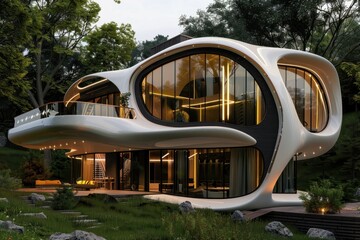 Poster - Futuristic workspace showcasing a sleek designed workstation with advanced technology in a modern home interior