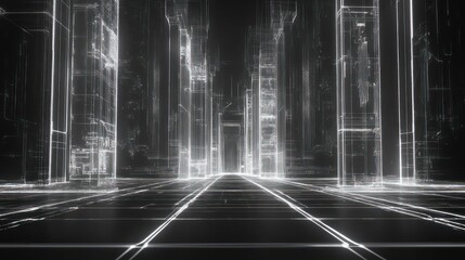 Leinwandbilder - Futuristic city streetscape with glowing lines and grid pattern, creating a digital metropolis feel.