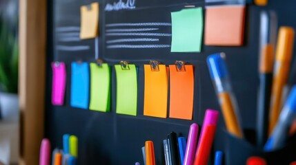 Leinwandbilder - Colorful sticky notes and pens on a dark chalkboard, planning and organization concept.