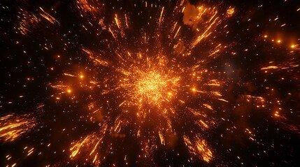 Poster - A vibrant explosion of orange and gold particles against a dark backdrop, creating a dynamic and energetic effect.