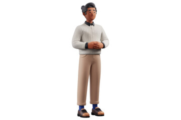 Poster - A 3D rendered illustration of a man standing with hands clasped, wearing a cream sweater and beige pants. background removed