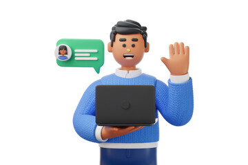 Poster - 3D cartoon man waves, holding laptop, receiving a message, friendly online communication. background removed
