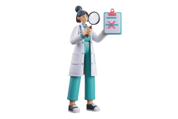 Poster - 3D cartoon doctor examining a rejected checklist with a magnifying glass. background removed