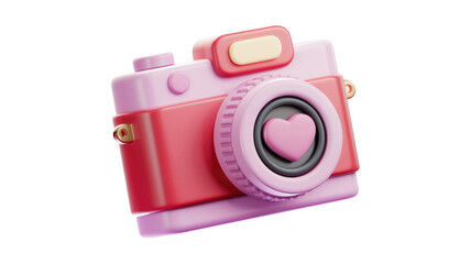 Poster - A cute 3D render of a pink and red camera with a heart in the lens. background removed