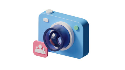 Aufkleber - 3D isometric illustration of a blue camera with a pink group icon, representing social media photography. background removed