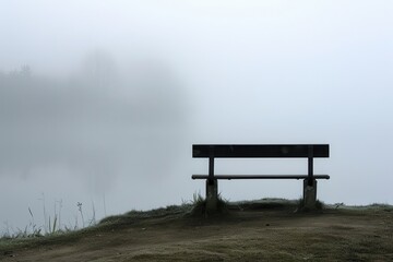 Poster - Serene view from a hillside bench overlooking fog-covered valleys and mountains during a misty morning