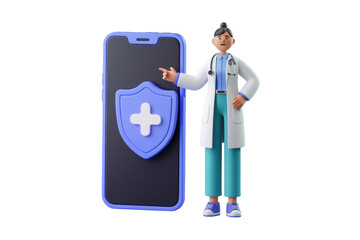Poster - Doctor promotes mobile health app with a shield and plus symbol, ensuring health security. background removed