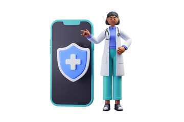 Poster - A 3D cartoon doctor presents a phone displaying a health shield, symbolizing mobile health security. background removed