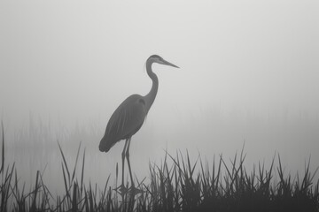 Poster - Heron wades through misty marsh at dawn, creating a tranquil atmosphere in the early morning light