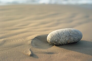 Poster - Smooth gray stone resting on sandy beach near gentle waves under soft light during early morning hours