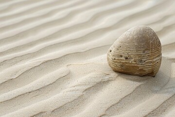 Poster - Smooth gray stone resting on sandy beach near gentle waves under soft light during early morning hours