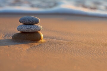 Poster - Smooth gray stone resting on sandy beach near gentle waves under soft light during early morning hours