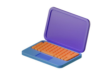 Fototapete - A vibrant 3D-rendered isometric laptop with an orange keyboard and purple screen. background removed