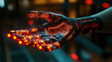 Poster - Close-up of a futuristic robotic hand with glowing orange lights, intricate mechanical details, and a dark background.