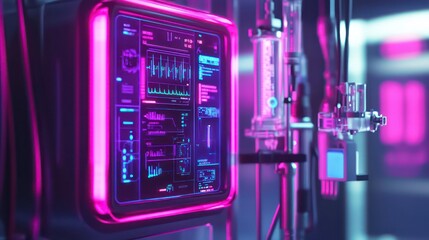 Aufkleber - Futuristic medical monitor displaying vital signs and data in a neon-lit laboratory.