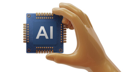 Poster - A 3D rendering of a hand holding an AI microchip, showcasing artificial intelligence technology. background removed