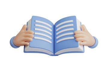 Fototapete - 3D cartoon hands holding an open blue book, representing reading or learning. background removed